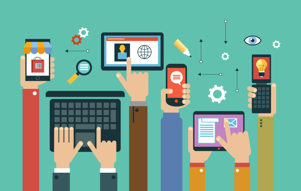 illustration of multiple sets of hands engaging with digital media devices to represent B2B content distribution